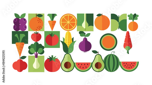 Geometric Fruits and Vegetables Vector Illustration with Bright Colors and Clean Shapes