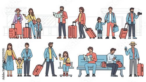 Diverse Group of Travelers with Luggage at an Airport Terminal, Ready for Journey