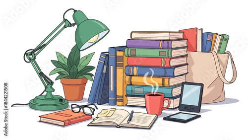 Cozy Reading Nook: Desk Lamp, Books, Plant, Coffee, and E-readers for Study