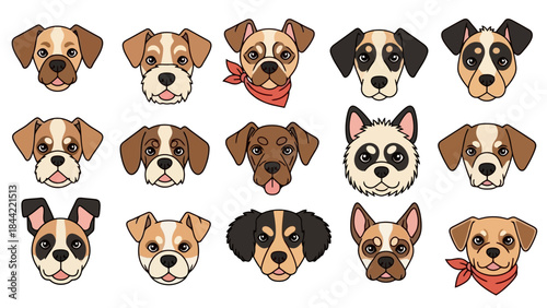 Collection of Diverse Dog Breeds Faces in a Flat Vector Style