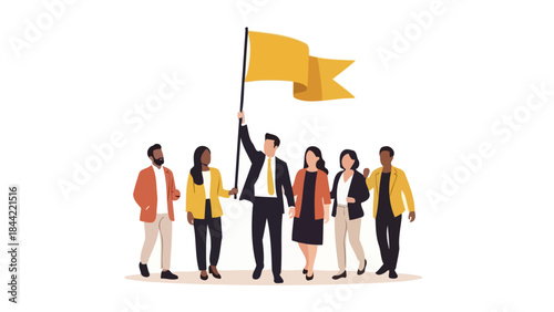 Diverse Business Team Follows Leader Holding Yellow Flag, Symbolizing Success and Unity
