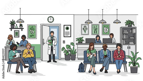 Diverse People Waiting in Doctor's Reception Area with Medical Staff