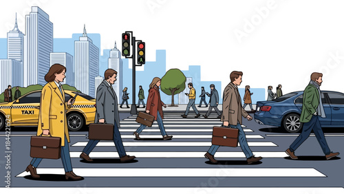 Diverse commuters cross a busy city street on a crosswalk during daytime
