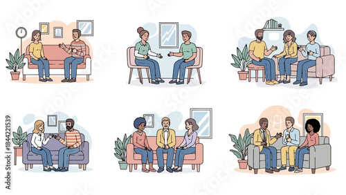 Diverse people in therapy sessions, discussing issues and receiving support
