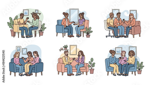 Diverse Friends Chatting and Using Smartphones in Relaxed Indoor Settings