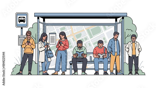 Diverse Group of People Waiting at a Bus Stop with Map and Bus Sign