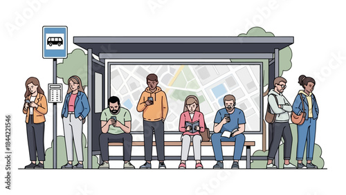 Diverse People Waiting at a Bus Stop Shelter with Map and Bus Sign