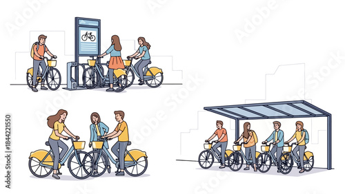 People Renting and Using Bikes at a City Bike Share Station