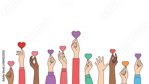 Diverse Hands Holding Colorful Hearts Symbolizing Love, Unity, and Support Together