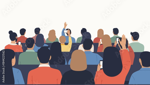 Diverse Audience in Auditorium Engaged with Smartphones and Raised Hands