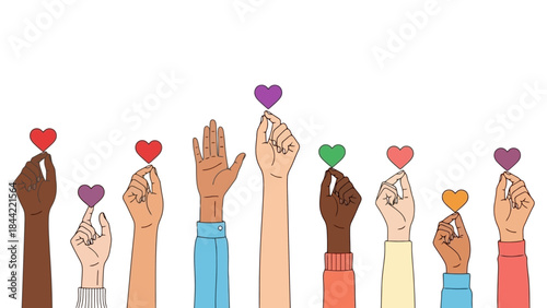 Diverse Hands Holding Colorful Hearts Symbolizing Love, Unity, and Support