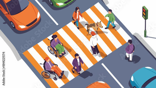 Diverse group of people crossing a city street at a crosswalk, accessibility concepts