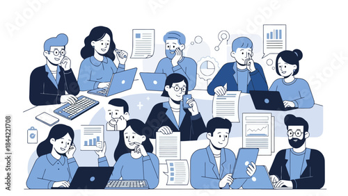 Diverse group of professionals collaborating in a modern setting with laptops