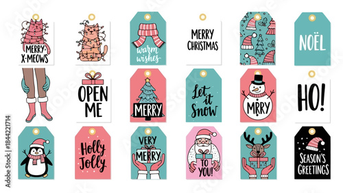 Set of 12 Festive Christmas Gift Tags with Cute Illustrations and Holiday Sayings