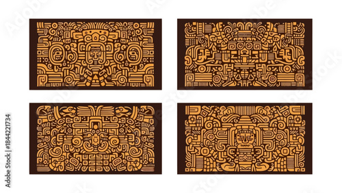 Set of Four Ornate Ancient Mayan Glyphs and Symbols in Golden Hue
