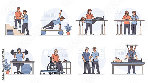 Diverse people in rehabilitation and physical therapy, flat vector illustrations