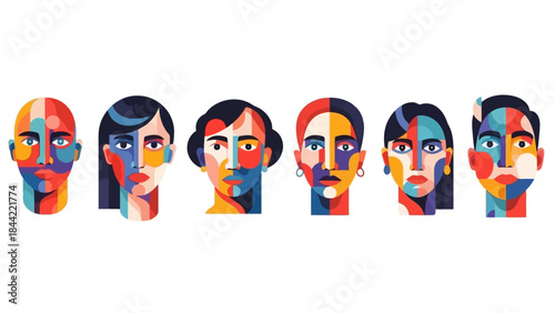 Diverse Group of Abstract Faces in Geometric Style, Vibrant Colors