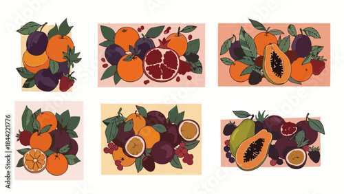 Collection of Diverse Vector Fruit Illustrations with Leaves and Berries