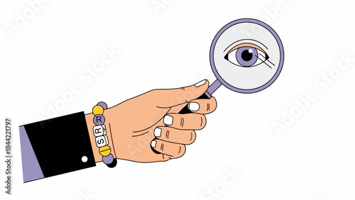 Hand Holding Magnifying Glass Examining an Eye, Illustrating Focus and Investigation