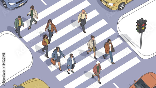Diverse pedestrians crossing busy city street at crosswalk with traffic light