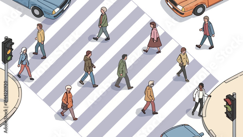 Diverse Pedestrians Cross a Busy Street at a Crosswalk with Traffic Lights