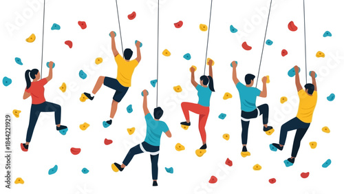 Diverse Group of People Enjoying Indoor Rock Climbing Activity on Colorful Wall