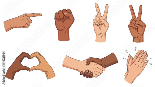 Diverse Hands Gesturing In Unity: Heart, Peace, Clapping, Shaking, Pointing, Fist
