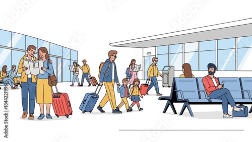 Diverse group of travelers with luggage at a modern airport terminal waiting area