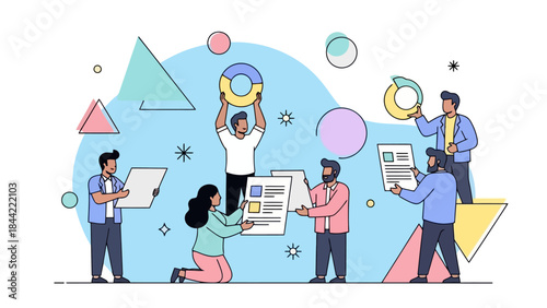 Diverse Team Collaborating on Project with Charts and Geometric Shapes Background