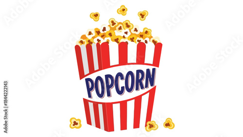 Classic Red and White Striped Popcorn Box Overflowing with Snacks and Scattered Kernels