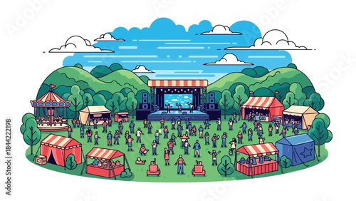 Summer Outdoor Music Festival with Crowd, Stage, and Food Stalls on Green Hills