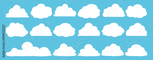 set of vector illustrations of clumpy clouds, cloud bubbles in flat style on a blue background	

