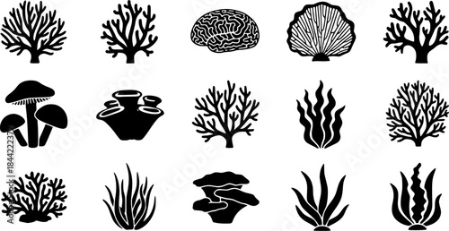 Coral silhouette, Sea corals silhouette, Seaweed silhouette, Coral, Coral clipart, coral vector illustration set