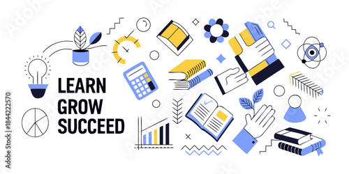 Learning and growth concepts illustrated with books plants and digital elements