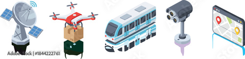 Smart city technology icon set, satellite drone train camera map symbol, isometric logistics transport design, communication network element, modern future system, isolated on white background