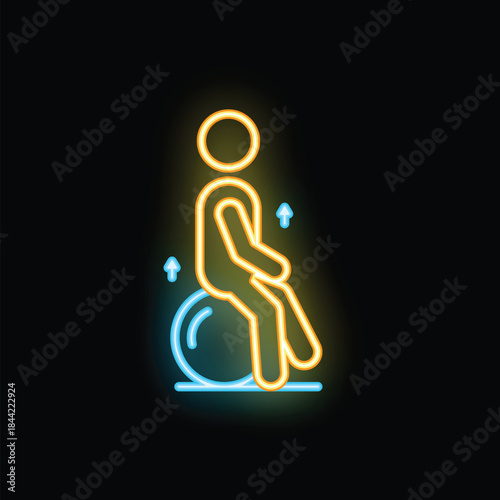 Neon sign representing a physiotherapist helping a patient doing rehabilitation exercises by sitting on a fitness ball