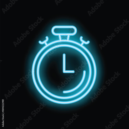 Blue neon stopwatch glowing on dark background showing time passing concept