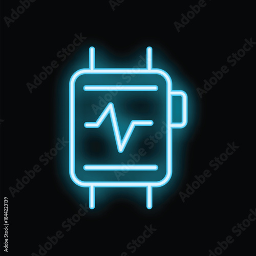 Blue neon sign showing a smartwatch displaying heartbeat rate on a black background