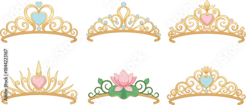 Golden princess tiara set, royal queen crown collection, luxury jewelry accessory, wedding headpiece vector illustration, isolated on white background, cute fairy tale symbol