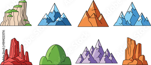 Mountain and Rock Landscape Illustration Set Featuring Cliffs, Hills and Colorful Peaks for Nature, Game and Map Design