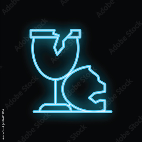 Glowing blue neon icon of a broken wine glass symbolizing sadness, loss, and disappointment