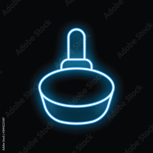 Blue neon sign illuminating a frying pan against a black background