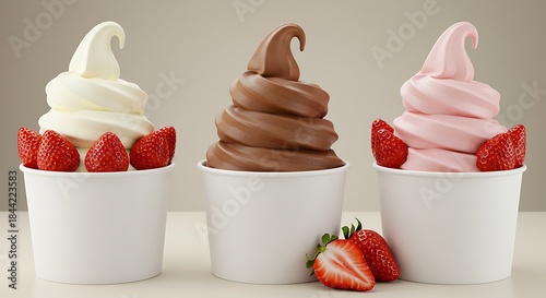 Three swirl soft serves, vanilla, chocolate, strawberry, with fresh berries in white cups