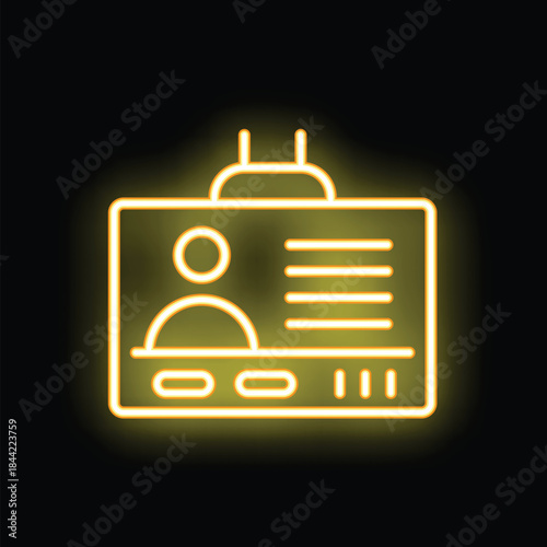 Yellow neon icon of an id card glowing against a dark background, symbolizing identification and access