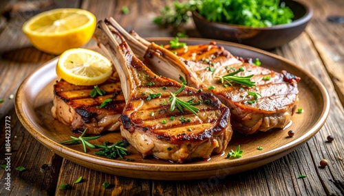 Grilled pork chops with herbs, lemon, and rosemary on dark rustic plate.