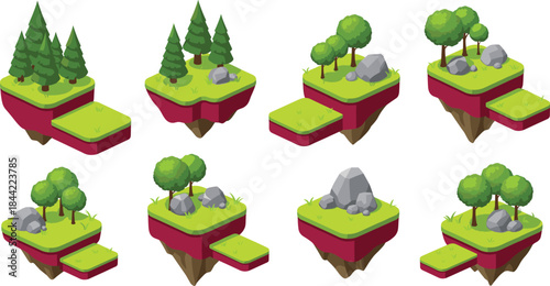 Isometric Floating Island Tileset with Trees, Rocks and Grass Platforms for Game Environment and Level Design