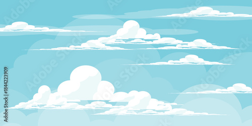 Illustration of a blue sky with white clouds in a flat style. Blue sky background and white clouds. Cartoon sky
