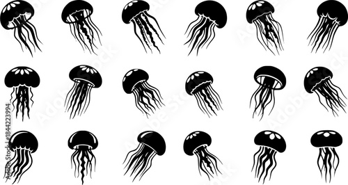 Jellyfish silhouette, Jellyfish vector illustration, Jellyfish, Jellyfish icon set, Jellyfish clipart, Jellyfish silhouette bundle set