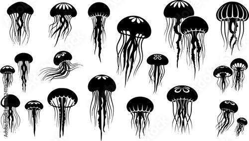 Jellyfish silhouette, Jellyfish vector illustration, Jellyfish, Jellyfish icon set, Jellyfish clipart, Jellyfish silhouette bundle set