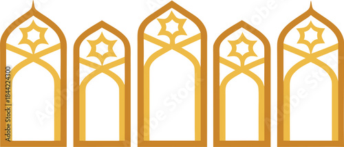 Five golden arabesque window arches in a row representing islamic architecture and culture